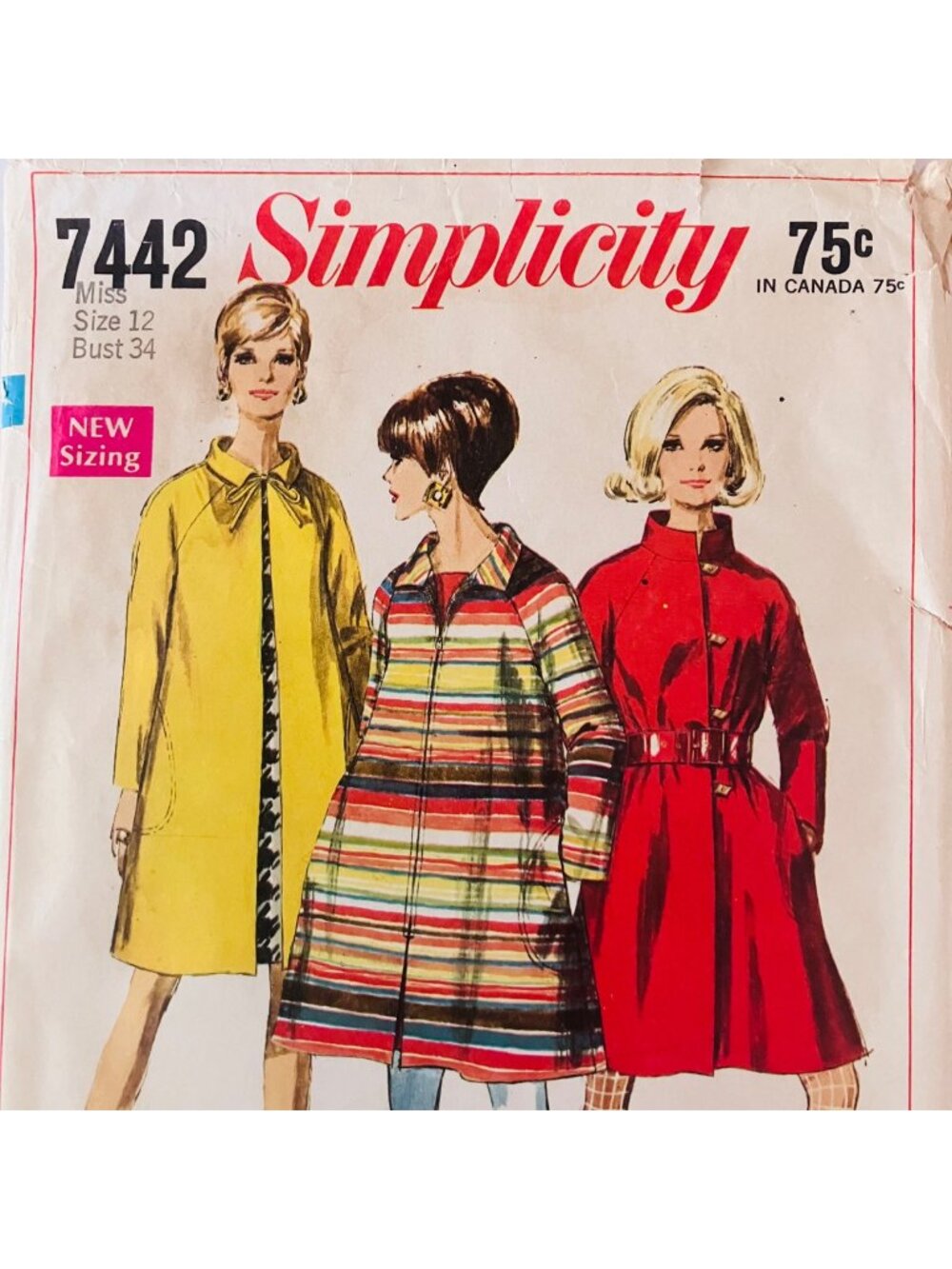 60s Vintage Simplicity 7442 Mod Tent Swing Coat Sewing Pattern Size 12 B34 CC